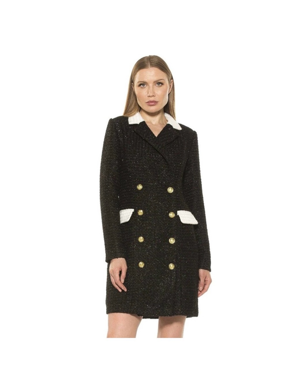 Alexia Admor Black Tweed Coat Dress with Gold Plaque and White Trim